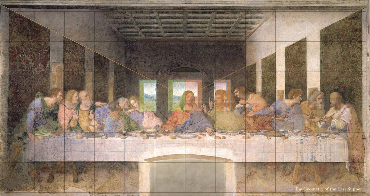 From The Geometry of the Last Supper by Raphaël Mouterde. It shows the Last Supper with an overlay of the 12x6 grid and elements of the composition that don't fall on the grid, i-e: the perspective, the pediment and the openings of the windows and the door.