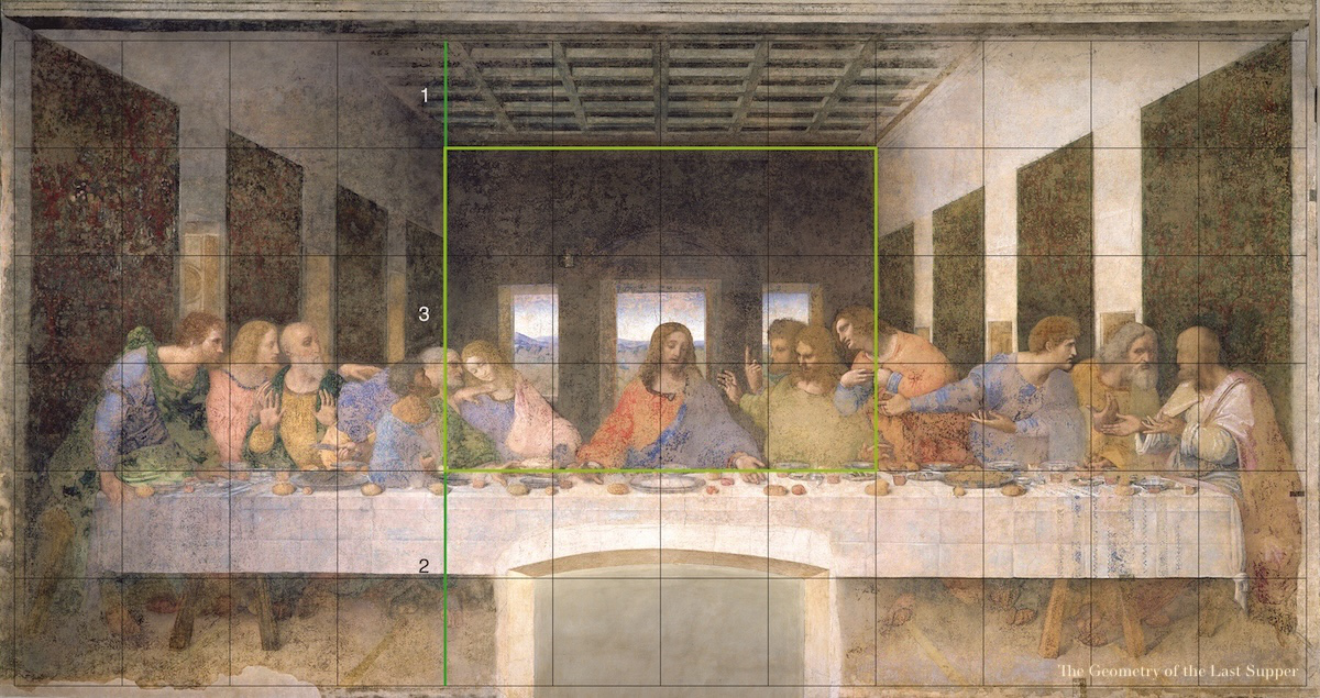 From The Geometry of the Last Supper by Raphaël Mouterde. It shows the Last Supper with an overlay of a grid of 12x6 which was used (vertically) for the composition of the painting.