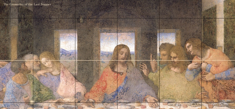 From The Geometry of the Last Supper by Raphaël Mouterde. It shows the central sectino of the painting with an overlay of the grid and the median in white. It shows how the median goes through the heads of all disciples apart from Judas who is situuated below it, and Philip who stands above it in a contrary motion to Judas.