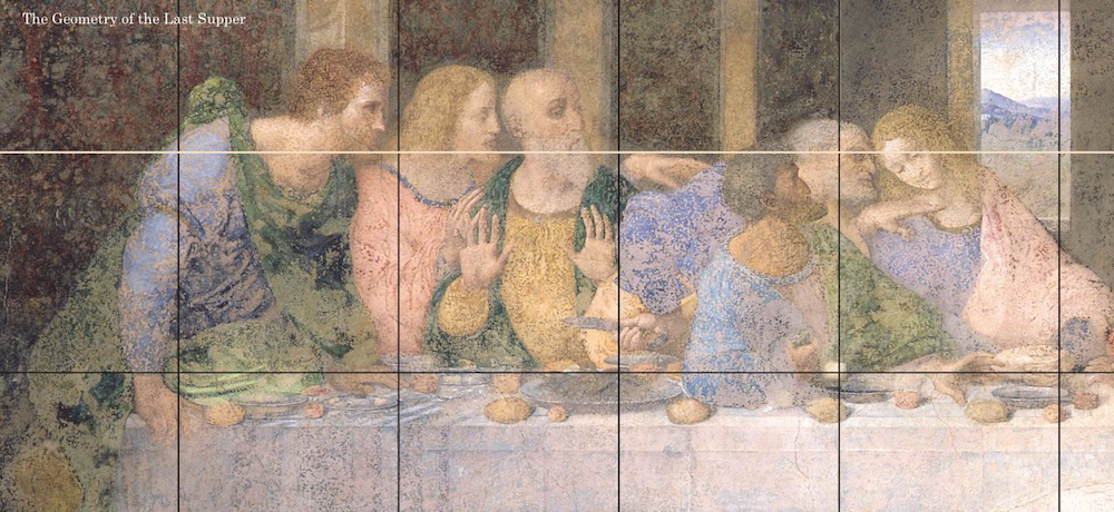 From The Geometry of the Last Supper by Raphaël Mouterde. It shows the left sectino of the painting with an overlay of the grid and the median in white. It shows how the median goes through the heads of all disciples apart from Judas who is situuated below it. The back of the palm of James the Minor touches the median.