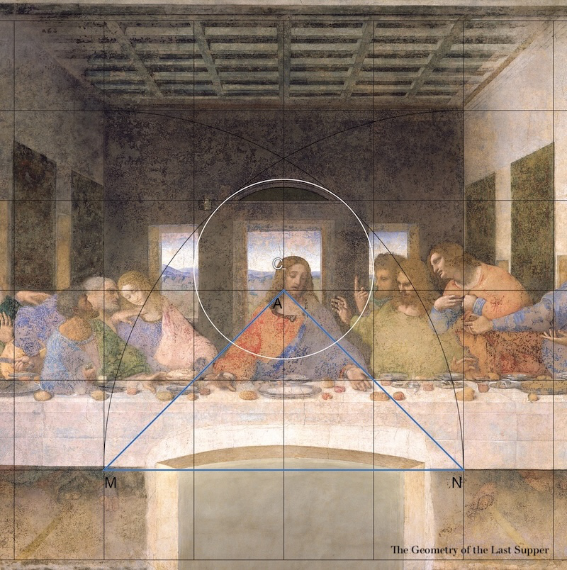 From the Geometry of the Last Supper by Raphaël Mouterde. It shows the triangle on the grid and the arc created by the rotation of the triangle's base. The arc intersects the grid and gives the height of the windows and the cornice. It is also tangent to the pediment. 