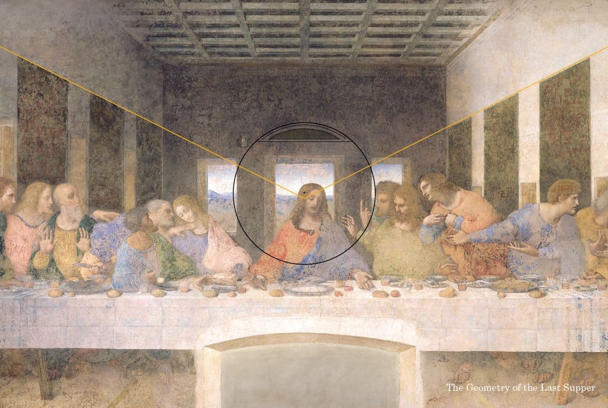 From The Geometry of the Last Supper by Raphael Mouterde. This picture shows the Last Supper with the perspective line from the tapestreis and the circle that drew the pediment above the door. The centre of the circle lies above the vanishing point.