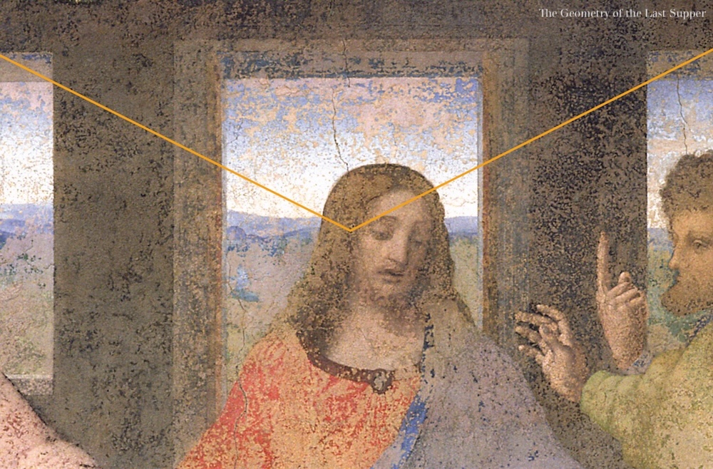 From The Geometry of the Last Supper by Raphaël Mouterde. This picture shows a close up of the Last Supper. We see Jesus and the lines of the perspective converging to the vanishing point which is on the ear of Jesus.