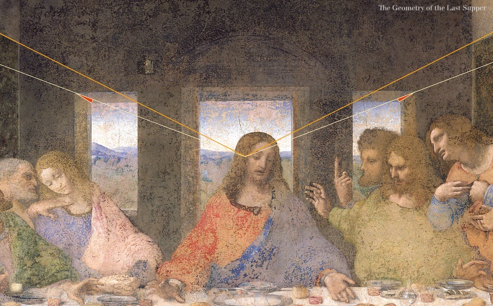 From The Geometry of the Last Supper by Raphaël Mouterde. This the central portion of the painting showing the windows and the door, with an overlay of the perspective and the vanishing point. It shows how the corner of the windows doesn't follow the perspective line and is in desobediance with the laws of perspective.