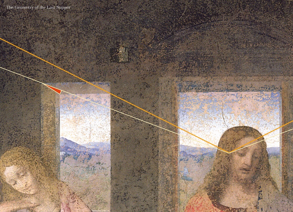 From The Geometry of the Last Supper by Raphaël Mouterde. This a portion of the painting showing the left window, with an overlay of the perspective and the vanishing point. It shows how the corner of the window doesn't follow the perspective line and is in desobediance with the laws of perspective.