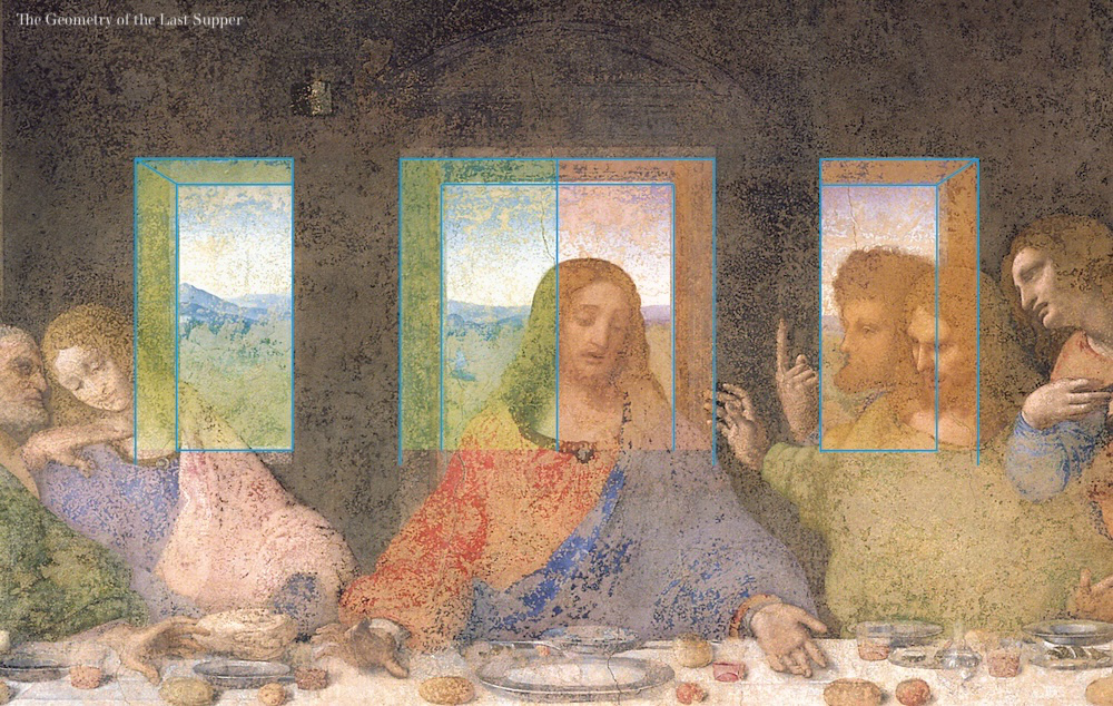 From The Geometry of the Last Supper by Raphaël Mouterde. This is the central portion of the Last Supper showing the windows and the door. The width of the door is equal to the width of the left window plus that of the right window.
