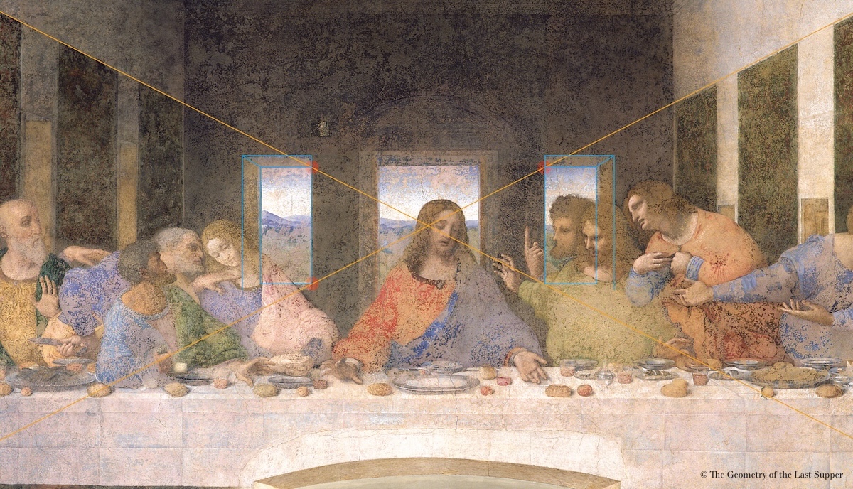 From The Geometry of the Last Supper by Raphaël Mouterde. It shows the perspective lines from the tapestries converging to the vanishing point. The corner of the windows are set on those perspective lines.